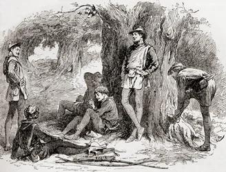 Szene aus William Shakespeares Stück Wie es euch gefällt, Akt II, Szene 5, Amiens: Unter dem grünen Baum, wer liebt es, mit mir zu liegen, und seine fröhliche Note den süßen Vogelstimmen zuzuwenden. Komm her, komm, aus Die Werke von William Shakespeare, ve